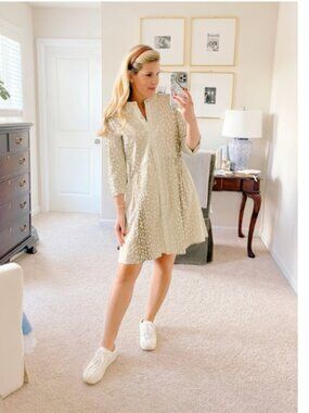 Tuckernuck Antelope Tan Spotted Royal Button Down Shirt Dress